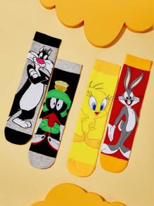 LOONEY TUNES X SHEIN 2 pares de calcetines de mujer de media pantorrilla con diseño asimétrico de bloques de color y estampado de dibujos animados