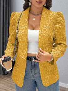 Flirla 大码女式花卉提花泡泡袖优雅西装外套，秋季 - 黃色 - 查看 5