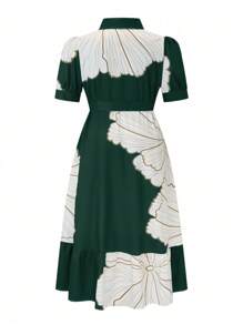 SHEIN Clasi 大码短袖花卉印花衬衫领连衣裙 - 墨綠色 - 查看 2