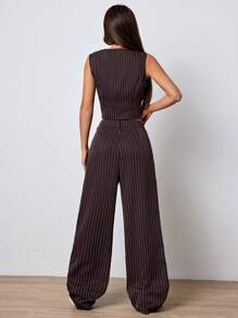 SHEIN Unity 女士单排扣条纹 V 领背心西装外套和裤子休闲/办公套装 - 中紫紅色 - 查看 2