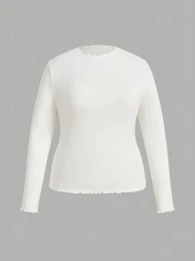 Mulvari 大码女式纯色修身休闲长袖 T 恤，秋季 - 白色 - 查看 1