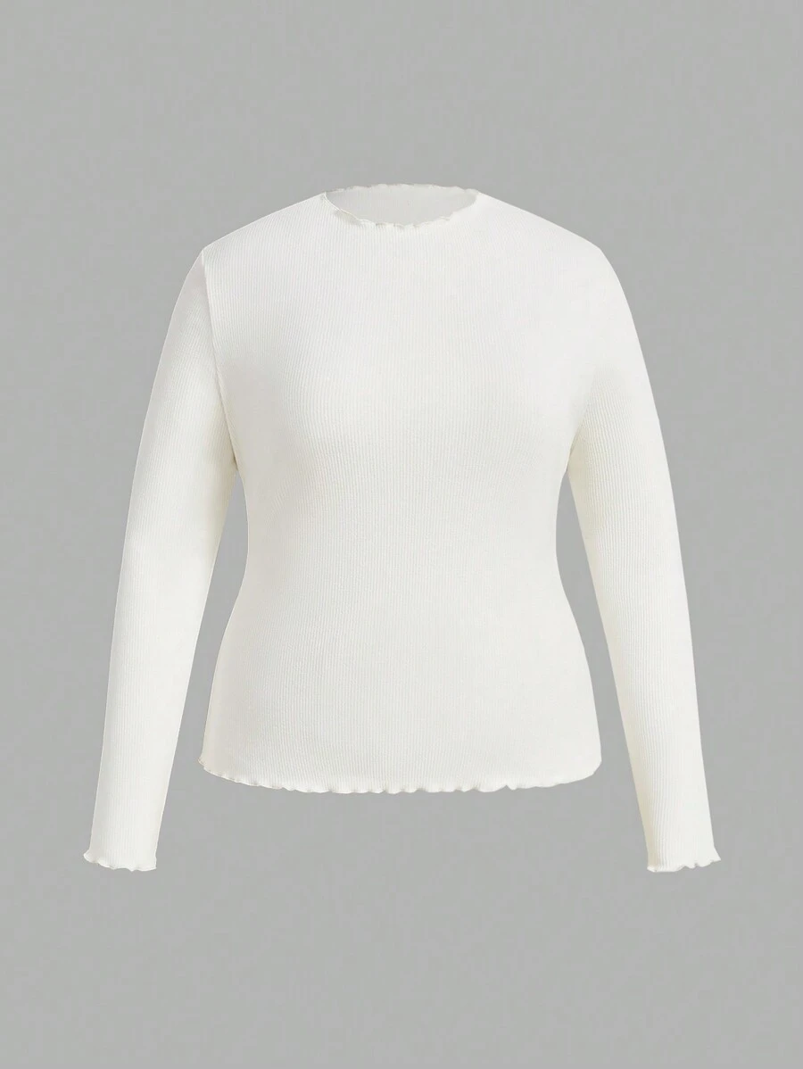 Mulvari 大码女式纯色修身休闲长袖 T 恤，秋季 - 白色 - 查看 1