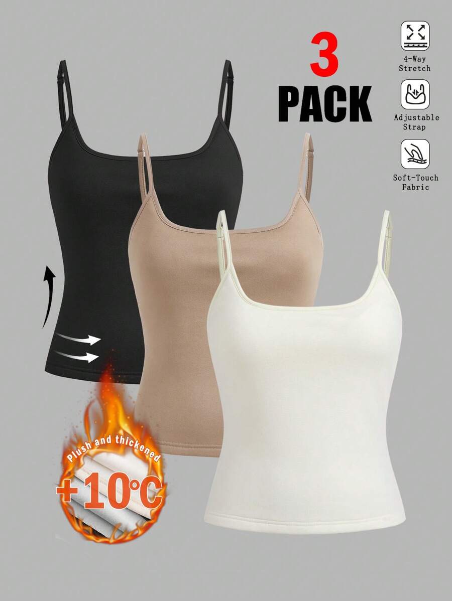 SHEIN EZwear 3pcs Women Casual Camisole Set With Padded Bra, Thermal Thermal Lined, Suitable For Autumn/Winter