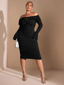 SHEIN BAE Plus Size Fall Sweet Sexy Elegant Woman Green Off Shoulder Ruffle Gathered Long Sleeve Mid-Length Dress Party Dress Wedding Guest Dress Sweet Dress Sexy Women Outfits Fall Clothes Sexy Women Dresses Elegant Women Dresses