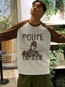 DAZY Men's Casual Contrastive Patchwork Person & Letter Print T-Shirt, Autumn - Grey - View 4