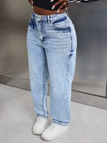 SHEIN Slayr Quần jeans ống côn cạp vừa, giặt thường ngày cho nữ, mùa xuân và thu - Rửa nhẹ - Xem 4