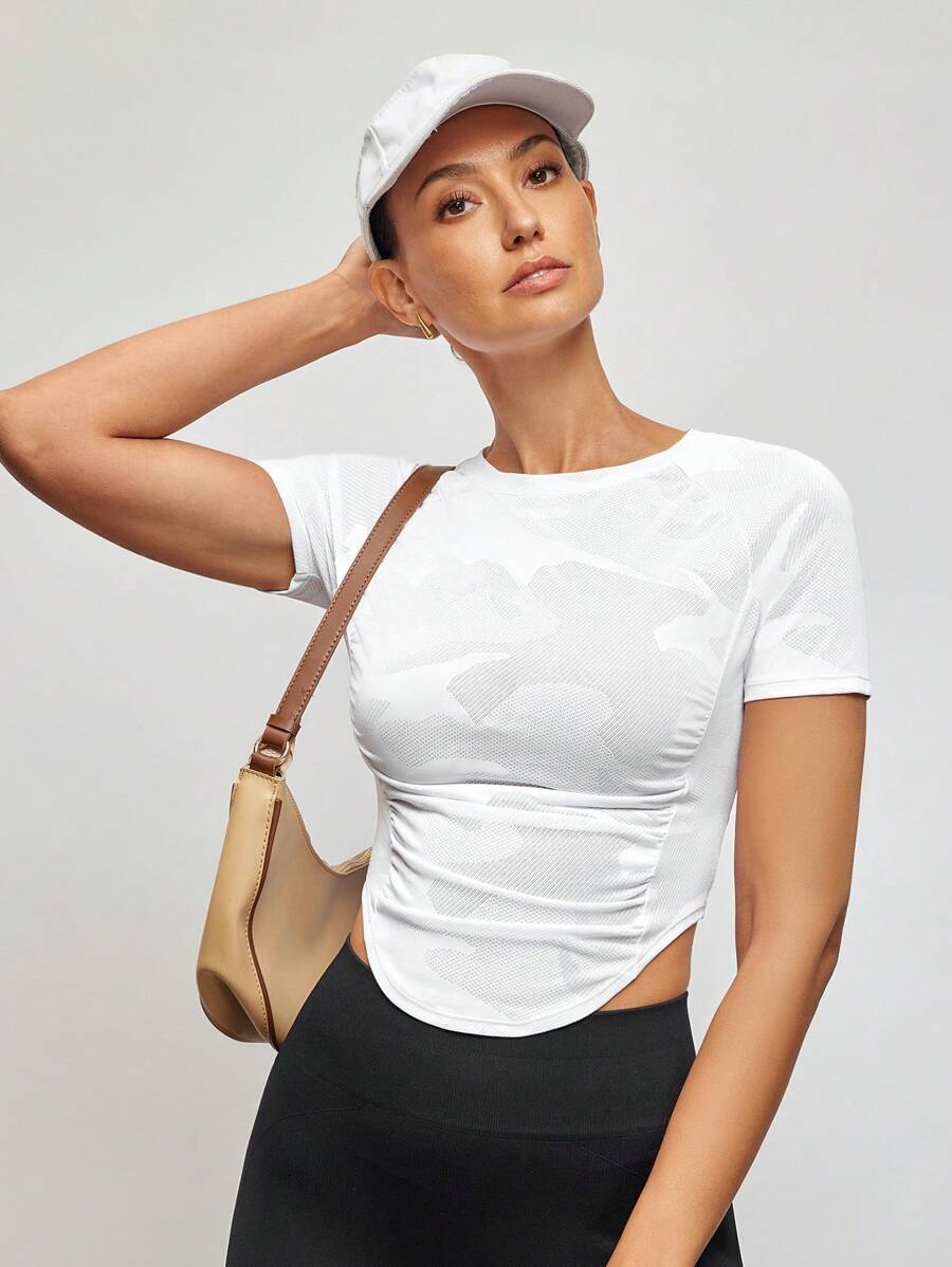 Activina Cut Out Back Raglan Sleeve Crop Sports Tee Fitted Shirt Gym Women Shirts - White - View 1