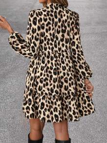 SHEIN Clasi Urban Chic Animal Print V-Neck Lantern Sleeve Loose Casual Mini Dress, Autumn/Winter - Apricot - View 2
