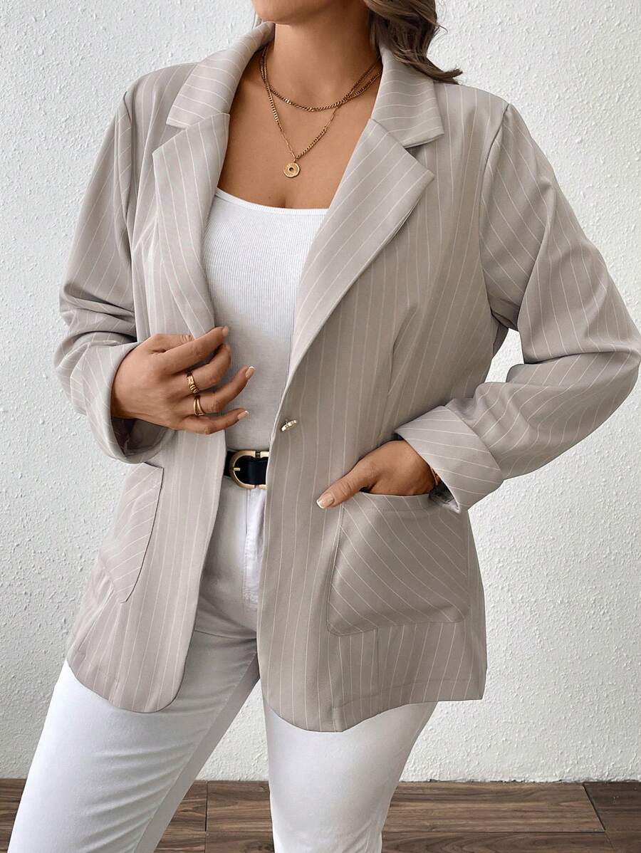 Plus Size Autumn Casual Striped Double Pocket Blazer