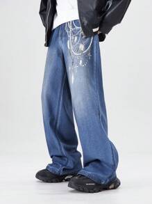 ROMWE MEN Street Life Men's Graphic Print Pocket Casual Baggy Jeans