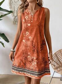 SHEIN LUNE Dames zomervakantiestijl bloemenprint ingekeepte v-hals losse tankjurk