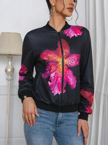 SHEIN Privé 1 pieza Chaqueta bomber de mujer con estampado floral de manga larga - Multicolor - Ver 4