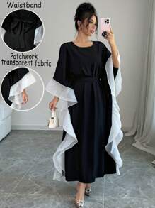 Rafferiza Women's Round Neck Long Sleeve Loose Spliced Organza Ruffled Hem Colorblock Cinched Waist Elegant Long Casual Dress Maxi Women Outfit