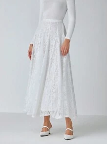 Enchnt Women's Elegant And Romantic Lace Pleated Long Skirt, Party Skirt, Winter Skirt, Daily Social Wear - Apricot - View 3