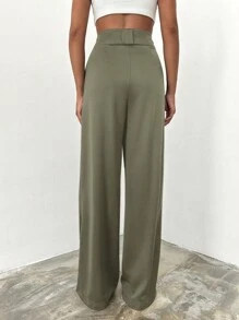 SHEIN Cottnline 纯棉高腰阔腿西装裤 - 軍綠色 - 查看 2