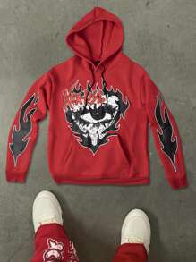 Manfinity Streetrush Men's Long Sleeve Eye & Letter Print Hooded Casual Sweatshirt,Graphic Sweatshirt,Fall Men Clothes,Red Sweatshirt
