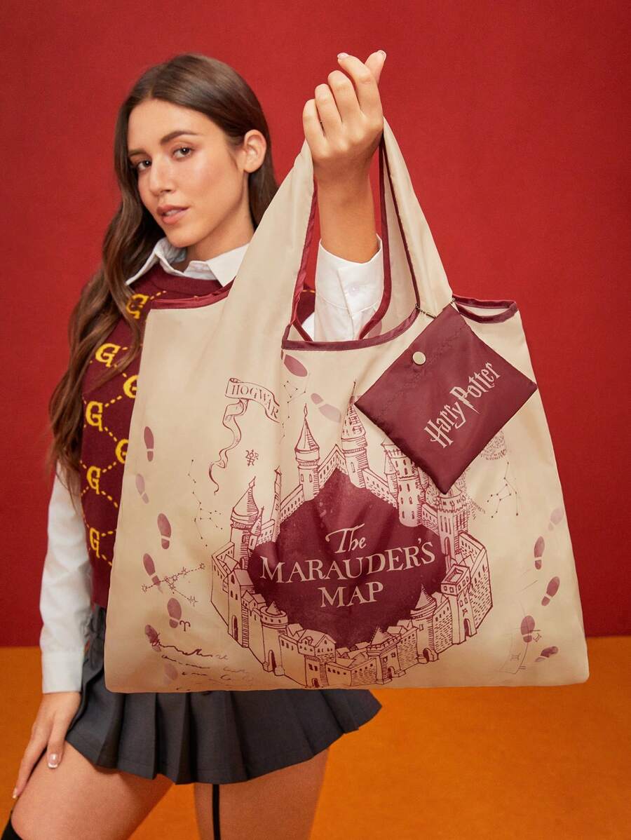 HARRY POTTER X SHEIN 1pc Foldable RPET Tote Bag With Letter Graphic, ,The Marauder's Map,Harrypotter,Gifts