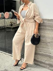 INAWLY 2 件大码纯色长袖衬衫和裤子套装，秋季休闲装 - 杏色 - 查看 4