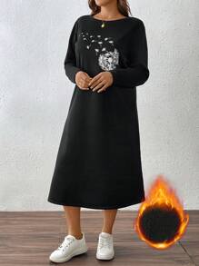 SHEIN LUNE Plus Size Women Dandelion Print Thermal Lined Crew Neck Long Casual Dress, Warm And Cozy For Outdoor & Daily Wear, Autumn/Winter