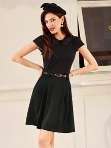 Vintamour 复古优雅卡其色 A 字裙，带编织褶皱和腰带，非常适合春夏季度假/工作返校服装秋装校服裙子套装老钱美学衬衫办公室服装女士套装 - 黑色 - 查看 7