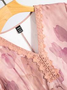 Al Najma Women's Gradient Floral Print V-Neck Lace Insert Elegant Dress - Purple - View 6