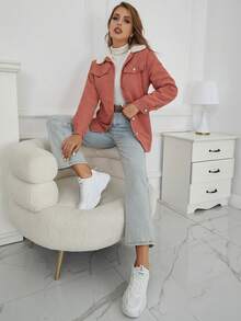 Eilly Bazar Áo khoác nữ Túi Nút phía trước Khối Màu Giải trí - Màu hồng gỉ - Xem 3