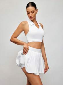 Activina Women's Summer Solid Color Slim Fit Crop Tank Top And Pleated Skirt Sportswear Set Airport Outfit