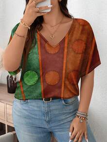 EMERY ROSE 休闲复古全身印花宽松大码女式短袖 V 领 T 恤，适合夏季 - 白色 - 查看 3