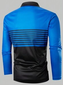 Manfinity Homme 男士撞色条纹印花纽扣门襟休闲长袖 Polo 衫 - 彩色 - 查看 2