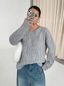 Flirla Women Casual Solid Color Drop Shoulder Loose Cable Knit Pullover Sweater, Autumn/Winter Knit Pullover Fall Outfit