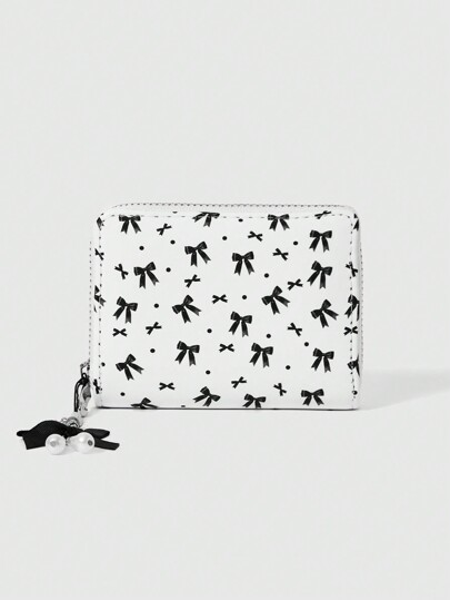 Kawaii 1 pieza Lindo monedero corto con lunares y lazo negro, monedero con cremallera y diseño minimalista de lazo para mujeres