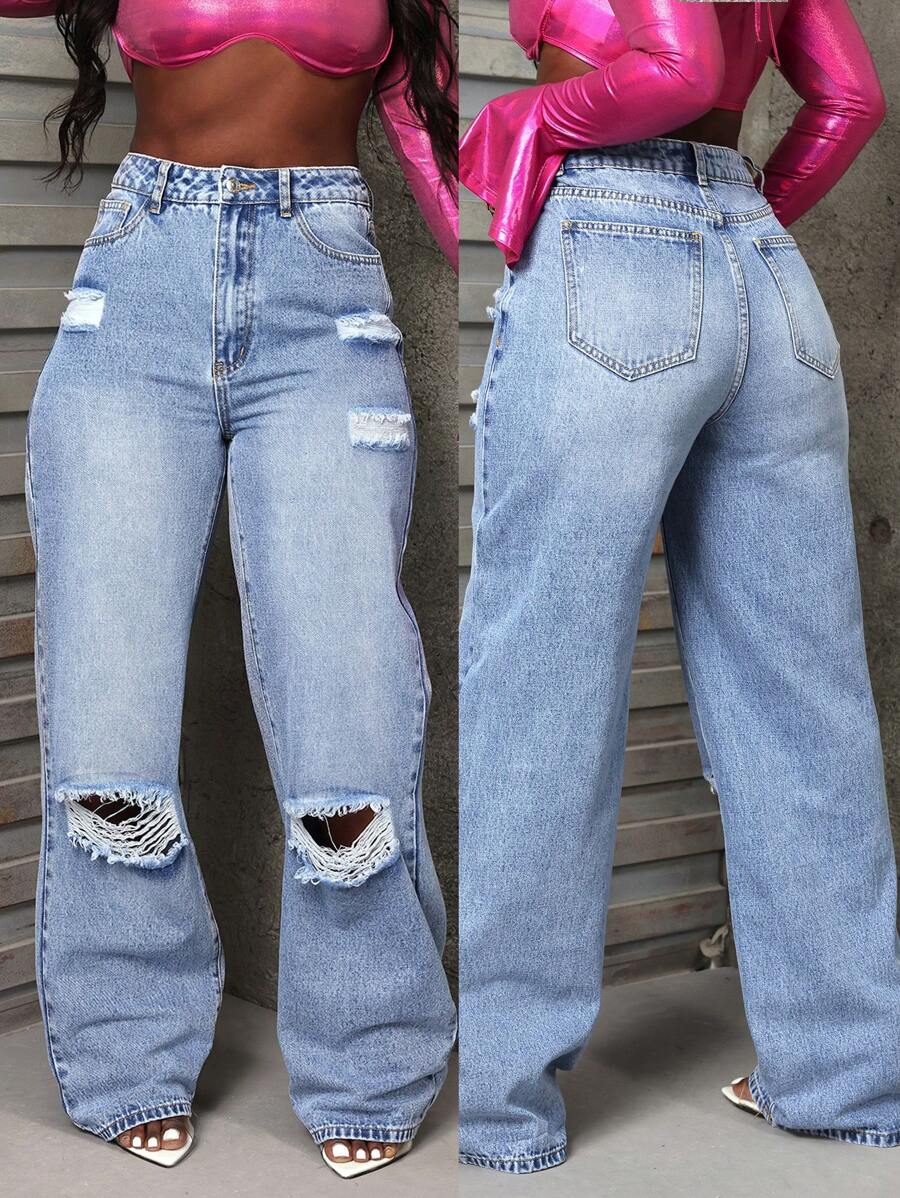 SHEIN Slayr 女式宽松高腰直筒破洞牛仔裤，有口袋 - 淺色水洗藍 - 查看 1
