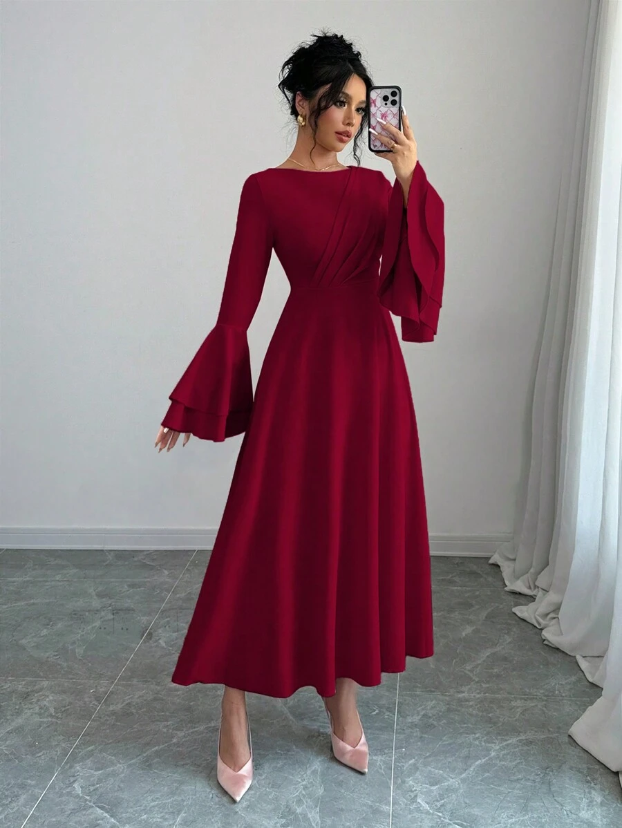 Rafferiza Robe élégante à manches évasées et col rond de couleur unie pour femmes, tenue maxi pour l'automne, le nouvel an - Rouge - Voir 1