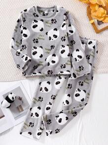 青少年男童灰色简约可爱熊猫印花毛绒保暖长袖长裤两件套睡衣套装，青少年 - 灰色 - 查看 4