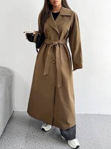 SHEIN EZwear Autumn/Winter New Brown Lapel Double-Breasted Long Women's Trench Coat