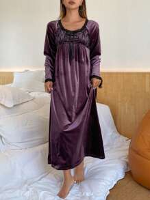 DAZY Velvet & Lace Patchwork Nightgown, Winter Pajama - Purple - View 6