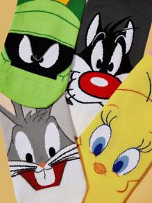 LOONEY TUNES X SHEIN Set de 4 pares de calcetines de tobillo con estampado de dibujos animados y bloques de color para mujer - Multicolor - Ver 7