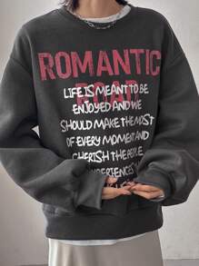 FRIFUL Women's Oversized Letter Print Crew Neck Loose Fit Sweatshirt,Fall Clothes - Grey - View 5