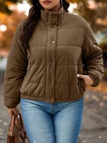 Calvaya Women Plus Size Casual Zipper Side Pocket Front High Neck Elastic Cuff Corduroy Long Sleeve Jacket Padded Coat For Winter Clothes, Light Brown Color