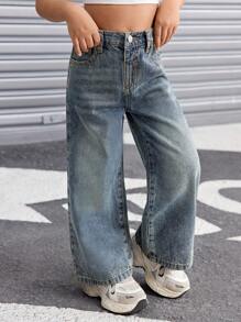 SHEIN Young Girls Loose Wide Leg Denim Blue Jeans,Summer Boho Thin Denim Wide-Leg Pants - Dark Wash - View 5