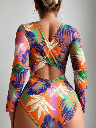 Swim SPRTY 夏季海灘女士熱帶植物圖案印花長袖單件泳衣