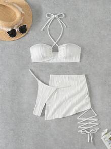 Swim SXY SHEIN X Hangout Fest Summer Beach Plain Halter Bikini Set With Beach Skirt - White - View 3