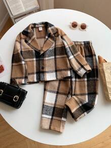 2pcs Young Boys Young Girls Casual Preppy Plaid Gentleman Suit With Bowknot Long Sleeve And Pants , Suitable For Birthday Parties, Evening Shows, Weddings, One Year Old's Birthday Party, Christmas Party And Other Festive Occasions Suitable For Outings, Street Wear, Parties, Home, Back To School, Birthday, Baby Shower, Holiday Parties, Autumn Winter