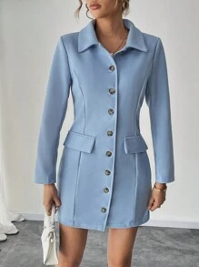 Chiquease Vestido de tweed de manga larga con cuello, bolsillo decorativo y diseño para dar forma a la cintura para mujeres