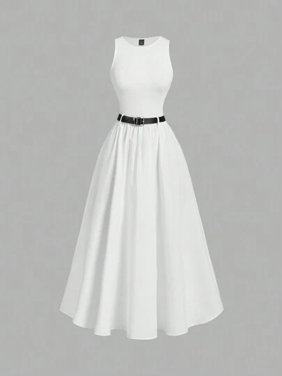 SHEIN MOD Women Solid Color Summer Sleeveless A-Line Dress With Belt ,Homecoming Dresses,Concert Women Outfit,Dark Academia,Renaissance Dress,White Graduation Dress