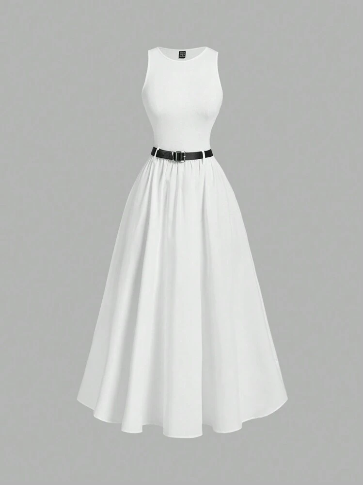 SHEIN MOD Women Solid Color Summer Sleeveless A-Line Dress With Belt ,Homecoming Dresses,Concert Women Outfit,Dark Academia,Renaissance Dress,White Graduation Dress, Wedding Guest Dress - White - View 1