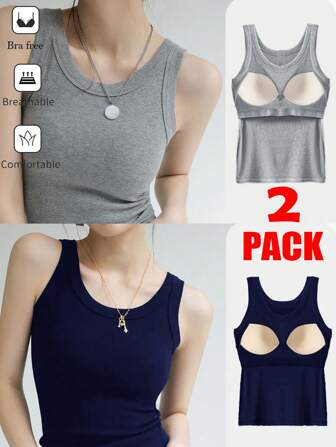 SHEIN Essnce 女士批发 2 件加厚罗纹上衣，纯色矫正无袖分层内衣背心