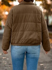 Calvaya Women Plus Size Casual Zipper Side Pocket Front High Neck Elastic Cuff Corduroy Long Sleeve Jacket Padded Coat For Winter Clothes, Light Brown Color