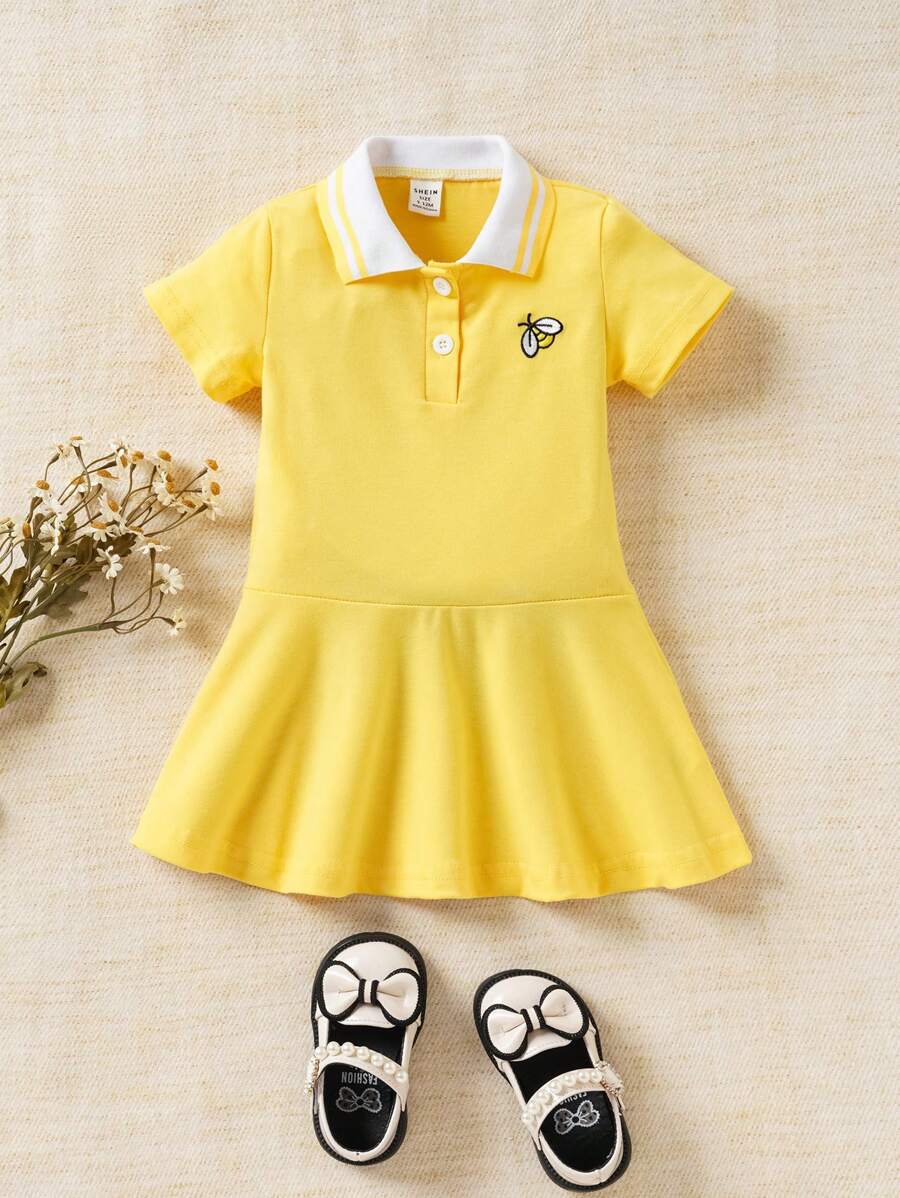 Souflis Souflis 寶寶女裝夏季休閒蜜蜂刺繡POLO領連衣裙 - 黃色 - 查看 1