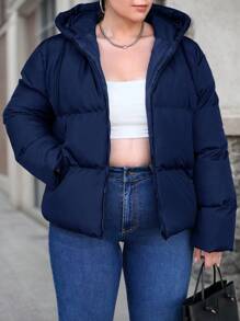SHEIN Cottnline Plus Size Solid Zip Up Drawstring Hooded Padded Coat - Navy Blue - View 6